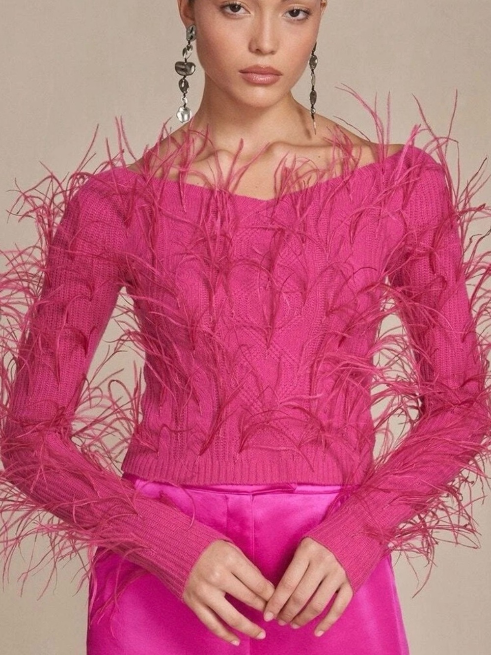 Cult Gaia Danton Feather Rib Cable Cropped Sweater Merino Wool Blend Pink Xs